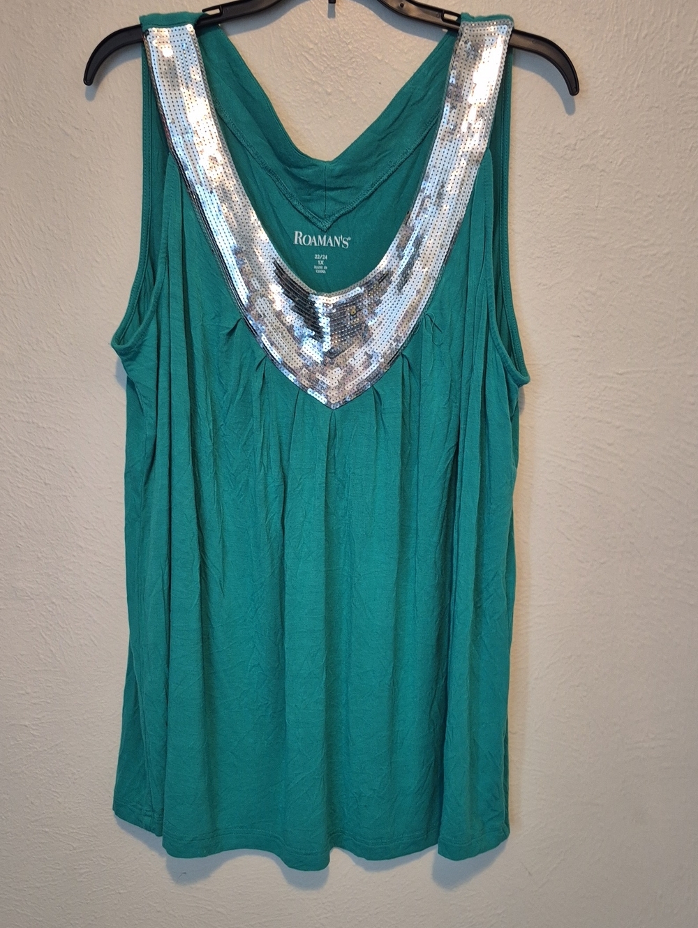 Roaman's Teal Tank Top with Silver Sequin V-Neck